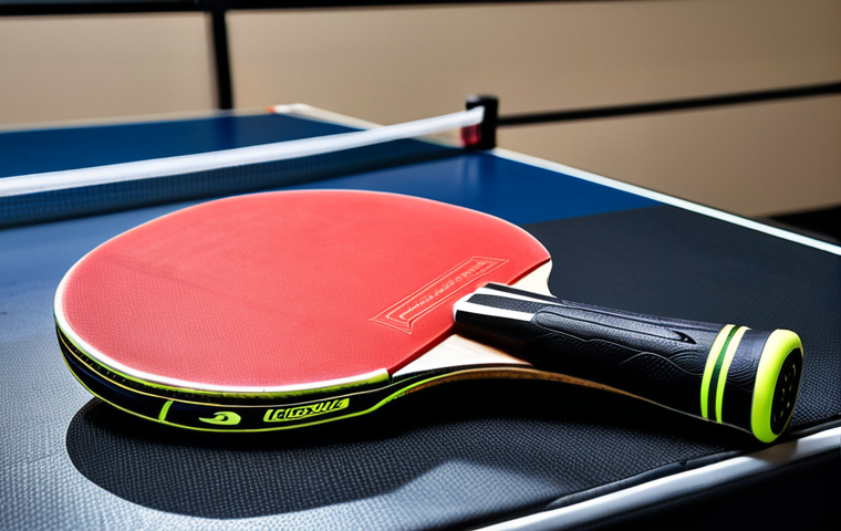 ** A close-up shot of a high-quality table tennis racket inside a stylish, modern racket case. Focus on the racket's rubber surface and the case's texture, highlighting its protective features and design.
**