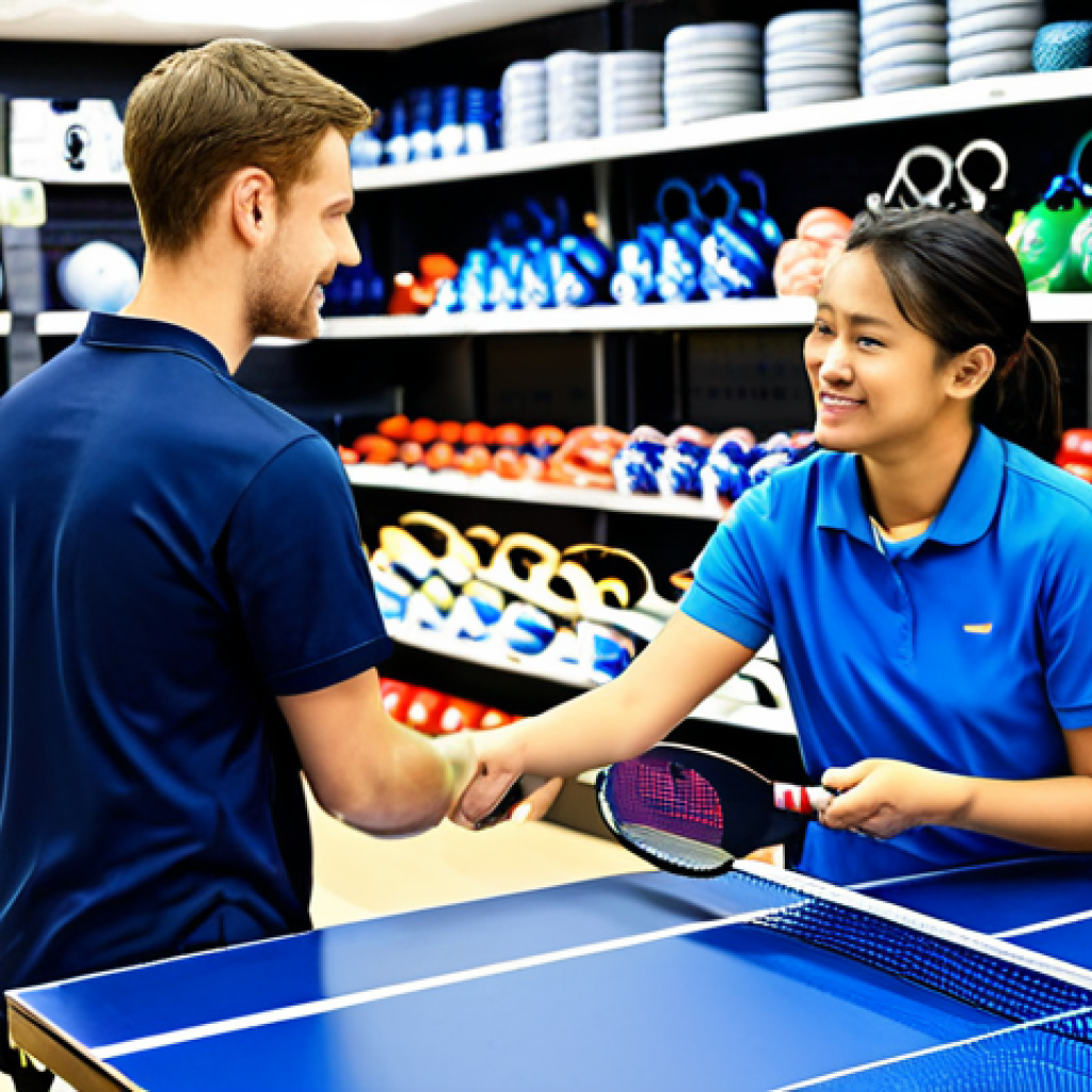 **

A bright and inviting sporting goods store specializing in table tennis equipment. Shelves are stocked with a variety of table tennis rackets, balls, and accessories. A friendly store employee is assisting a customer in selecting a racket, pointing to different features. The scene is well-lit and organized, conveying a sense of expertise and helpfulness.  Fully clothed customers and staff. Safe for work. Appropriate content. Professional environment. Perfect anatomy. Natural proportions. High quality. Modest attire.

**