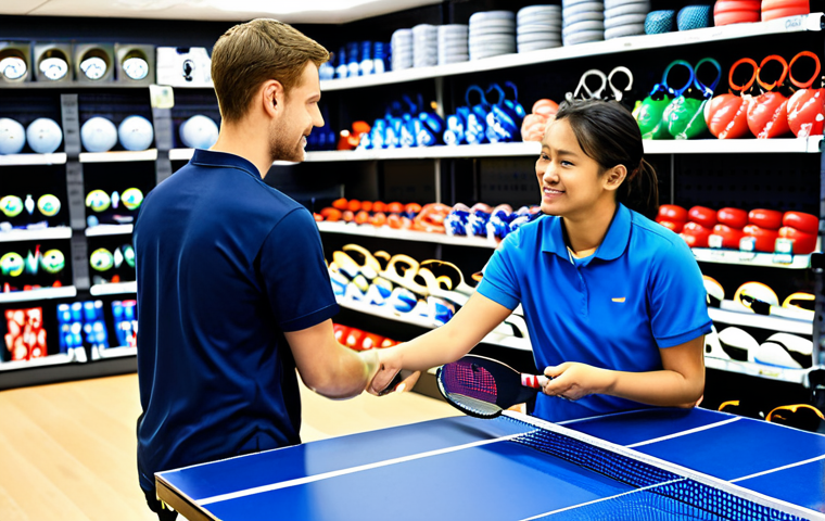 **
A bright and inviting sporting goods store specializing in table tennis equipment. Shelves are stocked with a variety of table tennis rackets, balls, and accessories. A friendly store employee is assisting a customer in selecting a racket, pointing to different features. The scene is well-lit and organized, conveying a sense of expertise and helpfulness. Fully clothed customers and staff. Safe for work. Appropriate content. Professional environment. Perfect anatomy. Natural proportions. High quality. Modest attire.
**