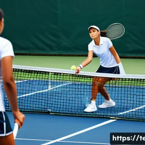 Home 30 테니스 복식 경기 규칙 - **Prompt:** A dynamic outdoor tennis doubles match in bright daylight. Two teams of diverse adult pl...