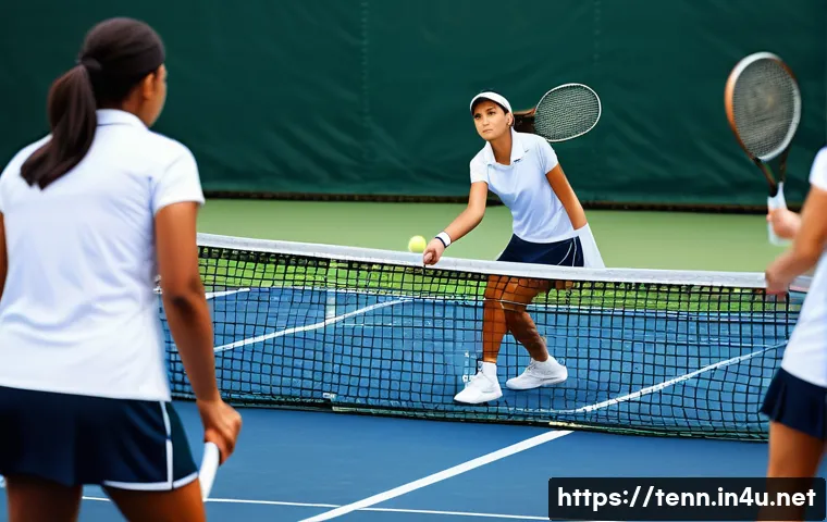 테니스 복식 경기 규칙 - **Prompt:** A dynamic outdoor tennis doubles match in bright daylight. Two teams of diverse adult pl...