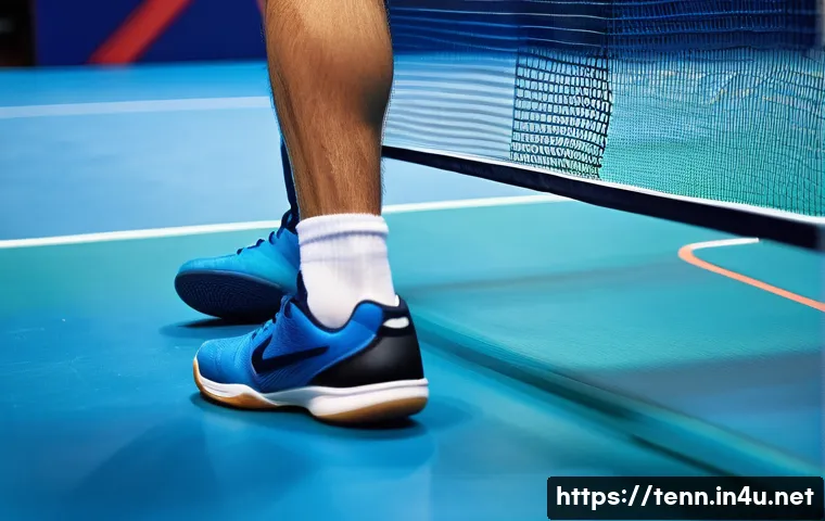 탁구 신발 브랜드별 리뷰 - A dynamic, close-up shot of a male table tennis player's feet mid-action on a vibrant blue court, sh...